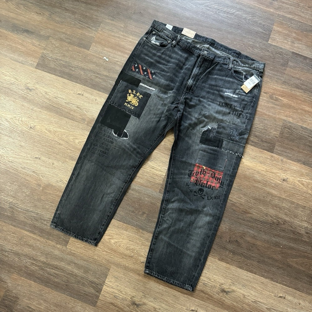 Polo Ralph Lauren Jeans Mens 46Bx30 Black Varick Slim Straight Patchwork Grunge